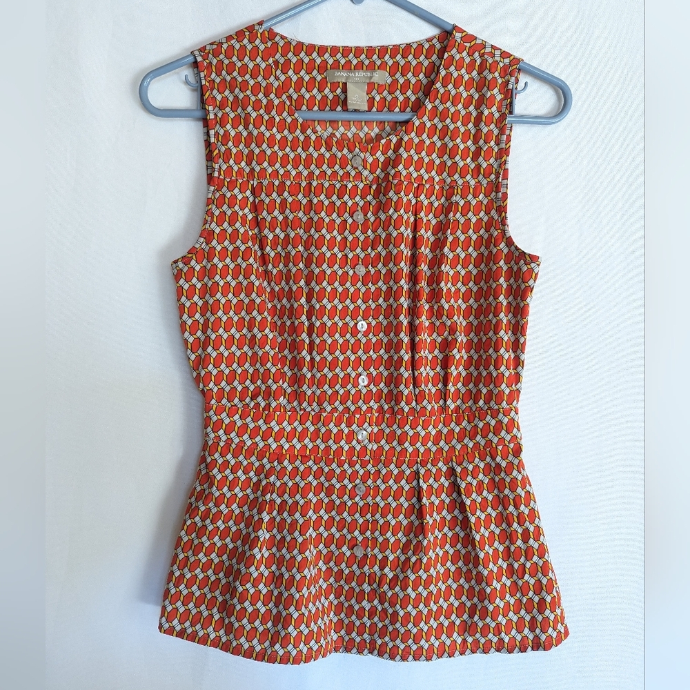 Banana Republic 0 Blouse Orange Sleeveless Top Geometric Pattern Fitted Button